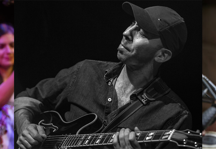 A collage of images of people playing traditional instruments from India.