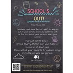 A blackboard with the details for the Schools Out event written on it in different coloured chalks.