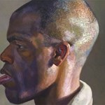 A side-profile painting of a young, black man.