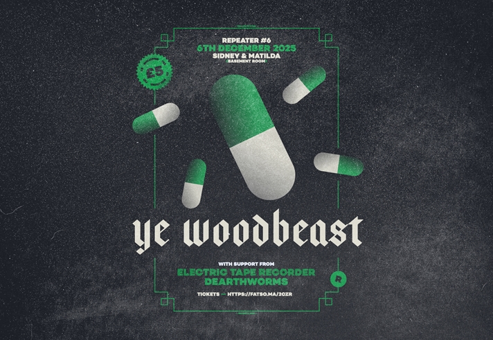 Poster for the event listing the date, time and venue along side an image of several green and white pills.
