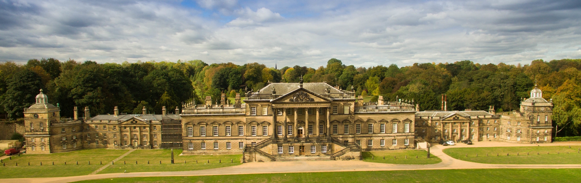 Aerial view of Wentworth Woodhouse and the main lawn looking down on the Georgian architecture of the building.