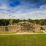 Aerial view of Wentworth Woodhouse and the main lawn looking down on the Georgian architecture of the building.