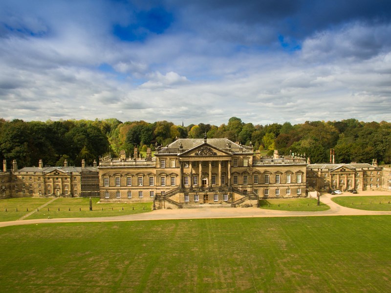 Aerial view of Wentworth Woodhouse and the main lawn looking down on the Georgian architecture of the building.