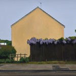 A painting of a house in a suburban setting.