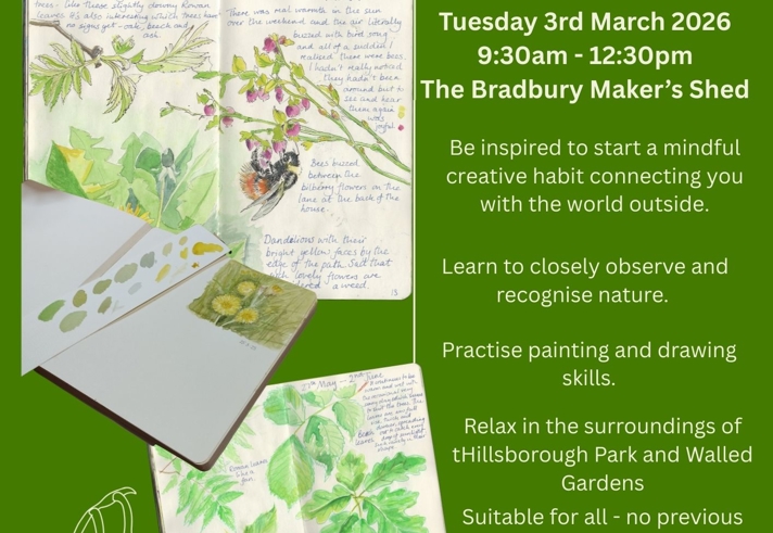 Poster for the event, listing the details, surrounded by drawings and paintings of plants.