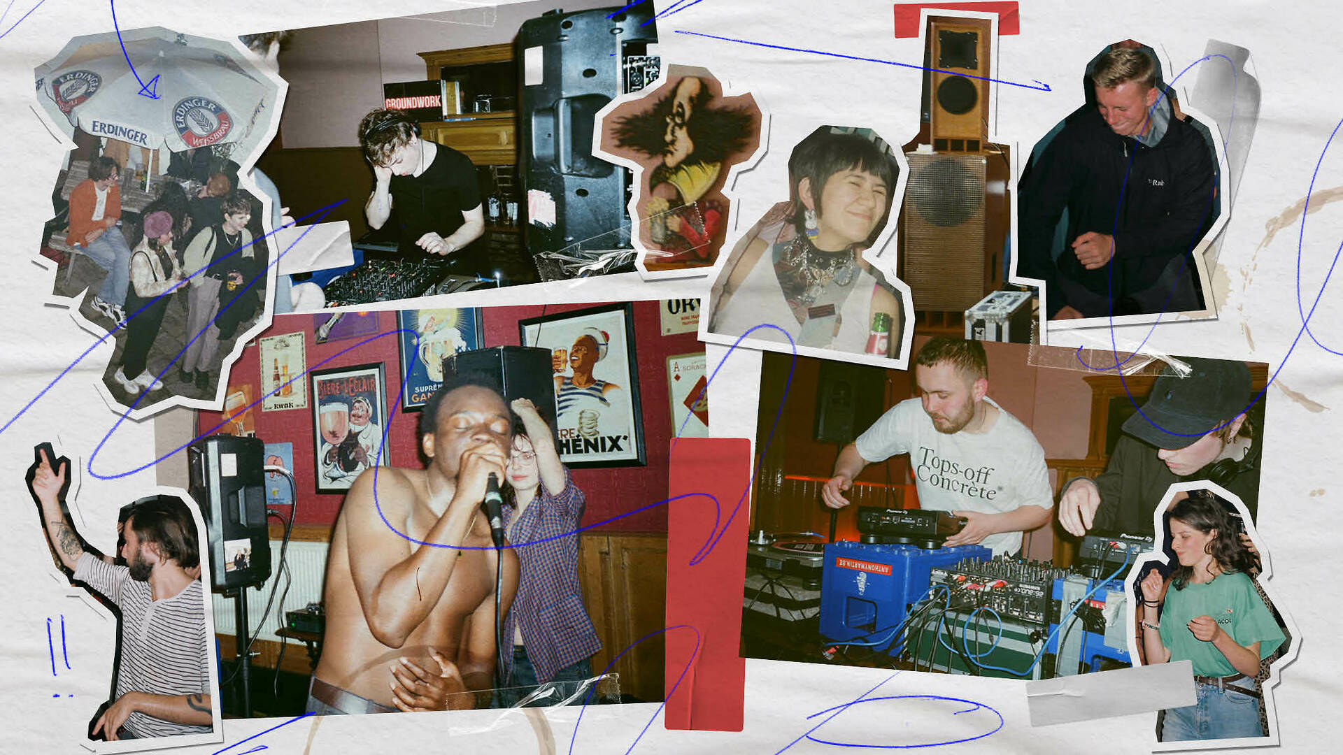 Collage of photos showing a lively DIY music scene, including people DJing, performing, and interacting with audio equipment in small indoor venues. The images feature speakers, turntables, mixers, posters on walls, and casual clothing, with colourful doodles and scribbles layered over the collage for an artistic effect.