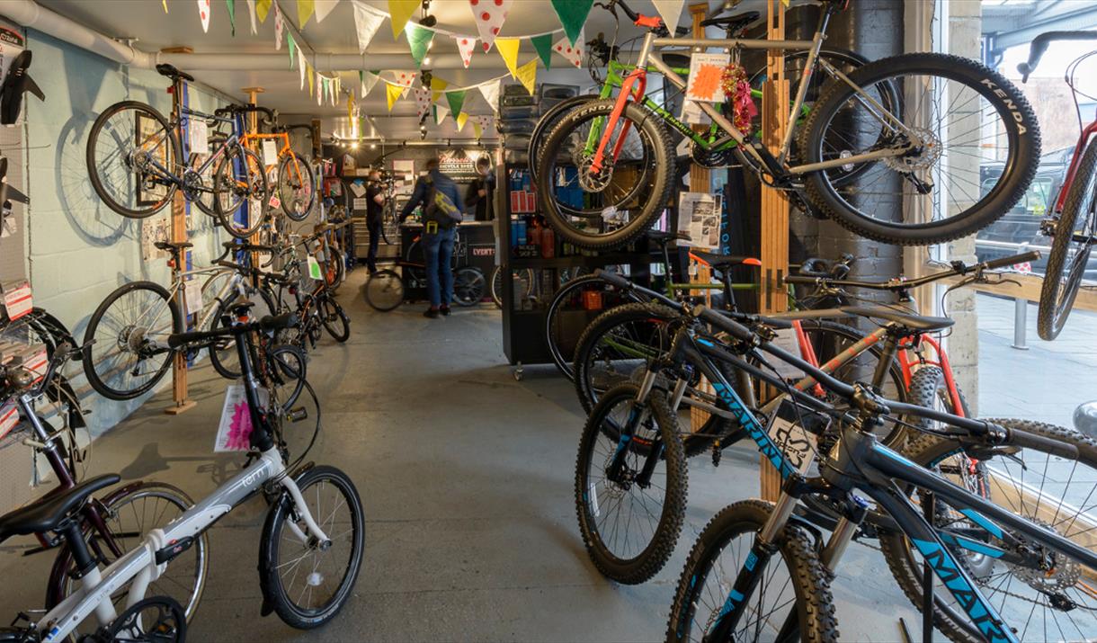 Bikes that are for sale and hire are hung on the walls and showcased on the shopfloor. A staff member is talking to a male customer in the background.
