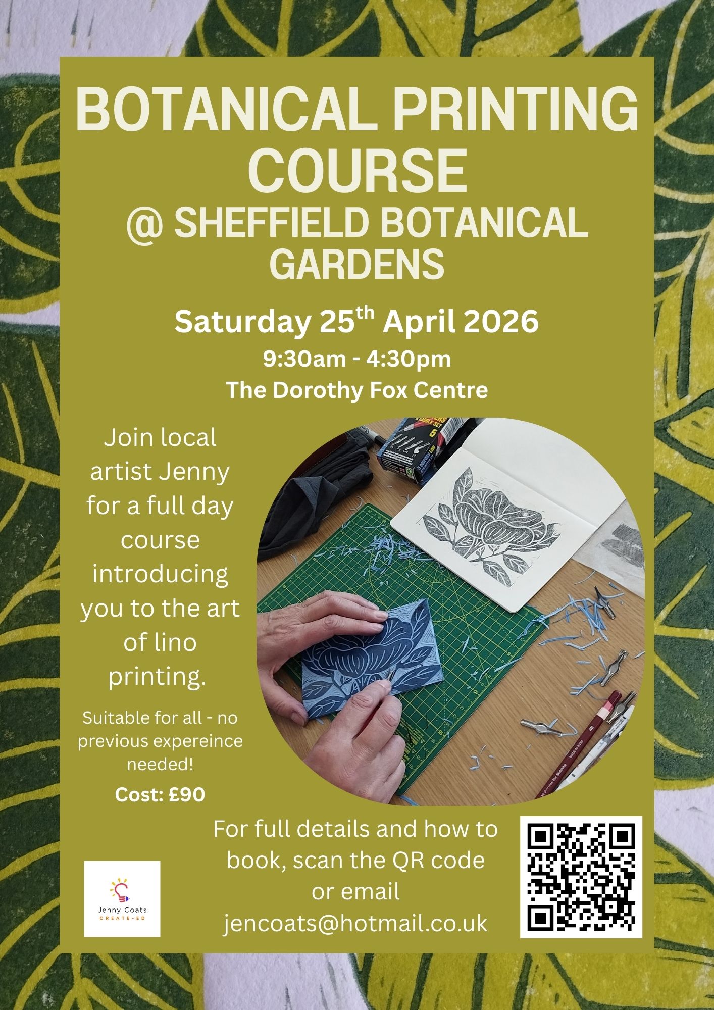 Poster for the event listing all the details along side a photo of someone carving a lino block for printing an images of leaves.