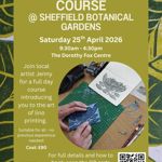 Poster for the event listing all the details along side a photo of someone carving a lino block for printing an images of leaves.