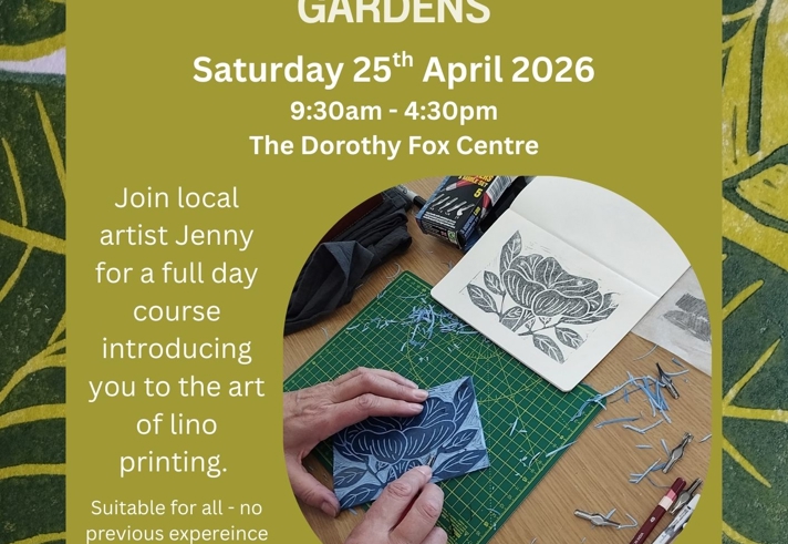 Poster for the event listing all the details along side a photo of someone carving a lino block for printing an images of leaves.