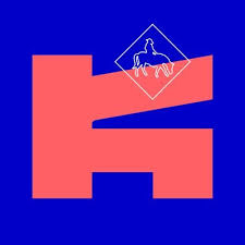 Logo with a bold, abstract red shape resembling the letter ‘K’ on a blue background. At the top right, there is a white outline of a horse and rider inside a tilted diamond shape.