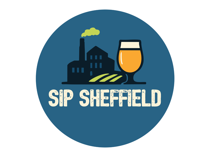 A circular blue logo featuring a black silhouette of an industrial building with a tall chimney emitting green smoke on the left, and a glass of golden beer with a white head on the right. Below the illustration, bold cream-coloured text reads “SIP SHEFFIELD.”