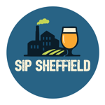 A circular blue logo featuring a black silhouette of an industrial building with a tall chimney emitting green smoke on the left, and a glass of golden beer with a white head on the right. Below the illustration, bold cream-coloured text reads “SIP SHEFFIELD.”