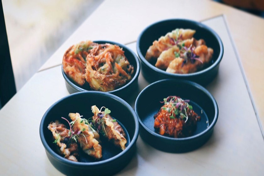 Four Korean style tapas bowls with different gyoza options in each