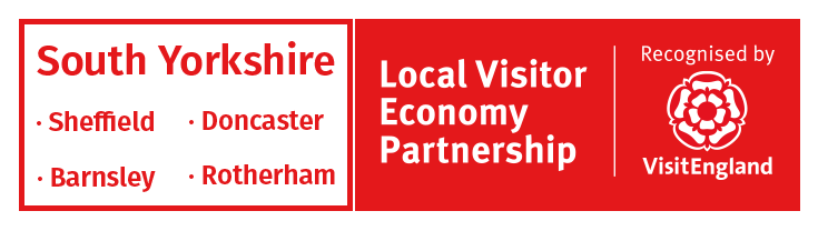 Red and white graphic displaying the South Yorkshire Local Visitor Economy Partnership logo. It lists Sheffield, Barnsley, Doncaster, and Rotherham on the left, and includes the VisitEngland recognition badge on the right.
