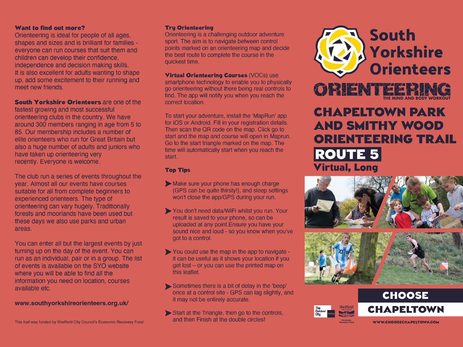 Leaflet for South Yorkshire Orienteers promoting Chapeltown Park and Smithy Wood Orienteering Trail, Route 5 (Virtual, Long). The left panel explains orienteering benefits, club details, and tips for using the MapRun app. The right panel features the club logo, route title, photos of people navigating outdoors, and a “Choose Chapeltown” banner with website link. Red background with black and yellow accents.