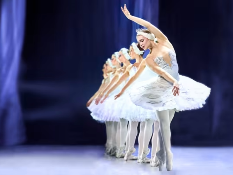 A row of ballerinas performing Swan Lake.