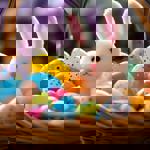 A basket full of brightly coloured Easter eggs and a toy bunny.