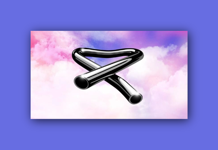 A shiny, metallic tubular structure twisted into an abstract shape, resembling two bent pipes crossing each other. The object has a reflective black surface with highlights, set against a dreamy background of pink, purple, and blue clouds. The overall design has a surreal and modern aesthetic.