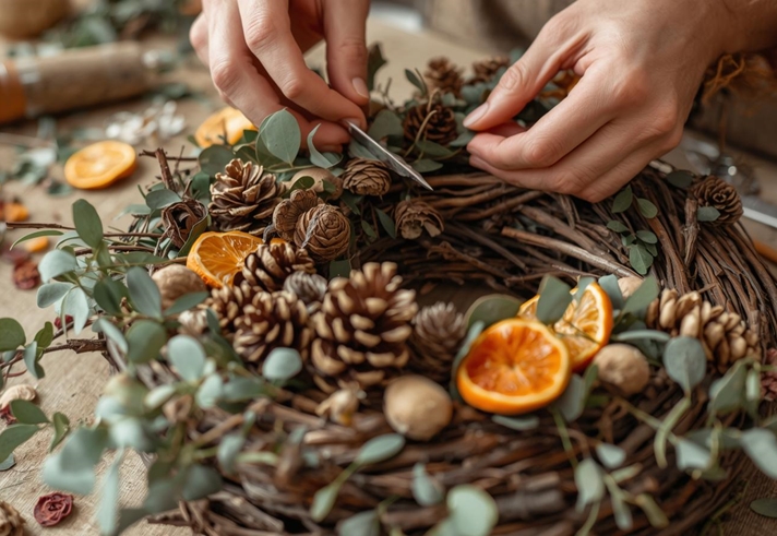 A close up of a festive wreath being made.
