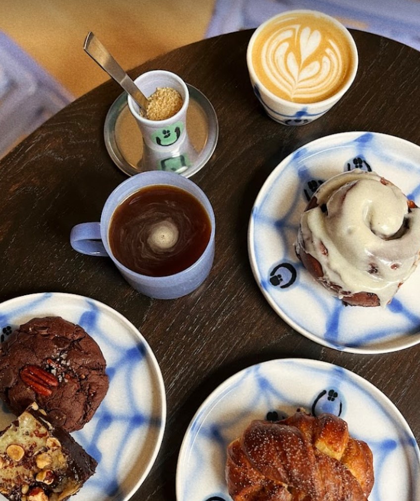 Looking down on coffee and pastries