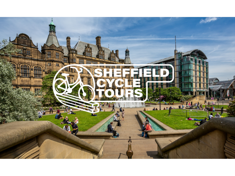 The Sheffield Cycle Tours logo overlaid on a photo of the Peace Gardens in Sheffield city centre with Sheffield Town Hall in the background.
