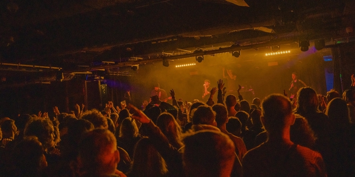 A packed audience inside a low‑lit venue faces a stage with bright amber lighting, where musicians perform. Raised hands and silhouettes fill the scene, creating a lively concert atmosphere.