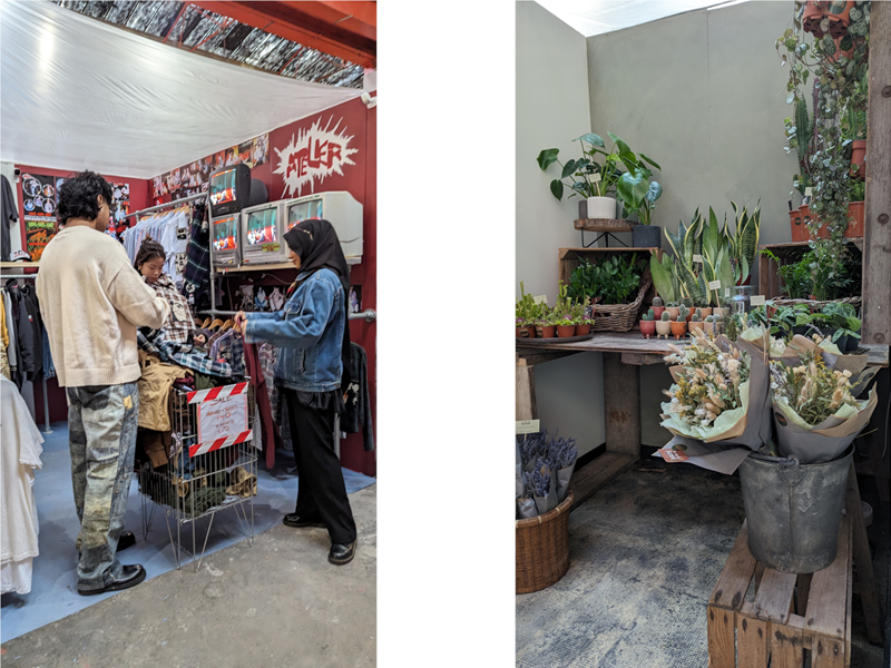 A clothes stall and a plant stall in the Red Brick Market.
