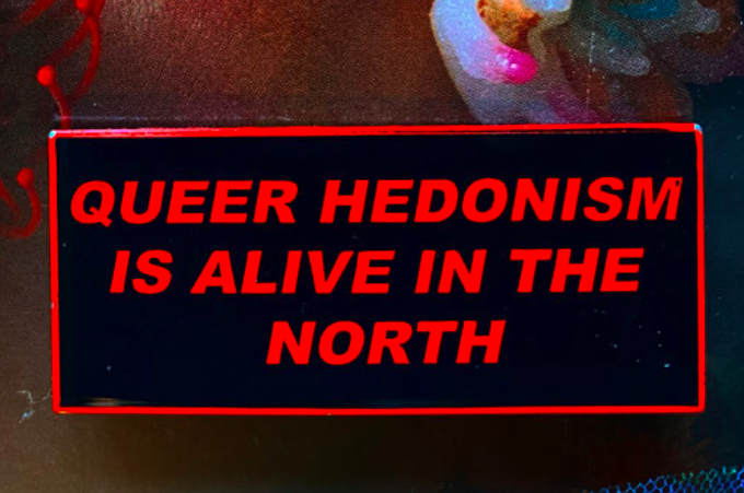 A sign that reads 'Queer hedonism is alive in the north'. 