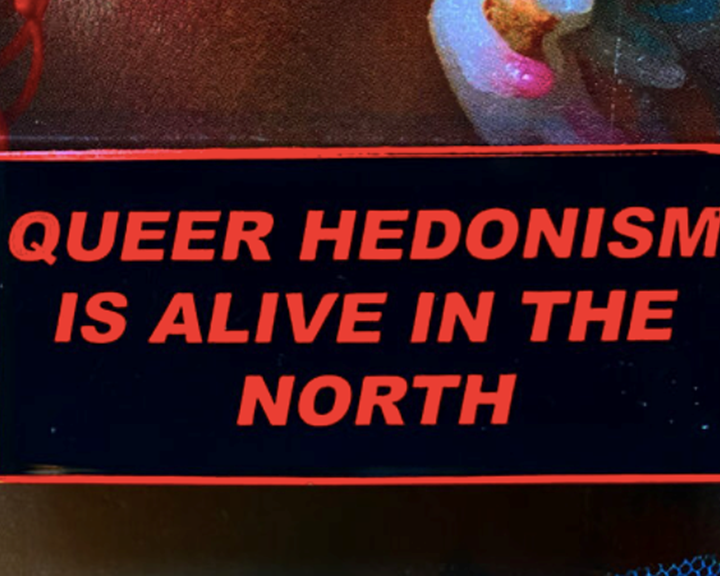 A sign that reads 'Queer hedonism is alive in the north'.