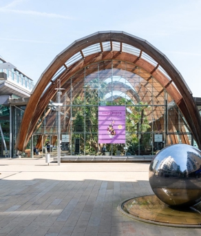 Exterior view of the Winter Garden in Sheffield, featuring a large arched glass and timber structure with a purple banner hanging inside. In the foreground, reflective silver spheres sit in shallow water features on a paved plaza, surrounded by modern buildings.