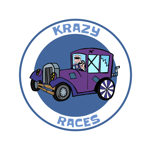 Cartoon-style logo featuring a whimsical purple car with cracked windows, oversized wheels, and a character in goggles and a striped outfit inside. The circular border reads 'KRAZY RACES' in blue text.