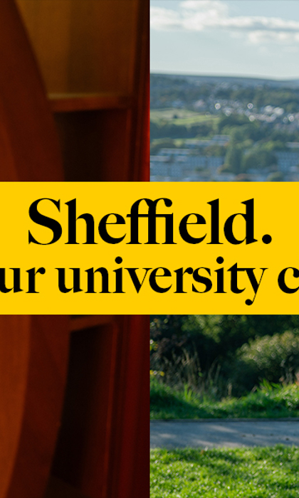 Split image promoting Sheffield as a university city. On the left, two people sit at a low table in a vibrant café decorated with colorful lanterns and eclectic wall posters, sharing food and drinks. On the right, three people sit on a large rock overlooking a scenic view of Sheffield with green hills, trees, and city buildings under a bright blue sky. In the centre, a yellow banner reads: “Sheffield. Your university city.”