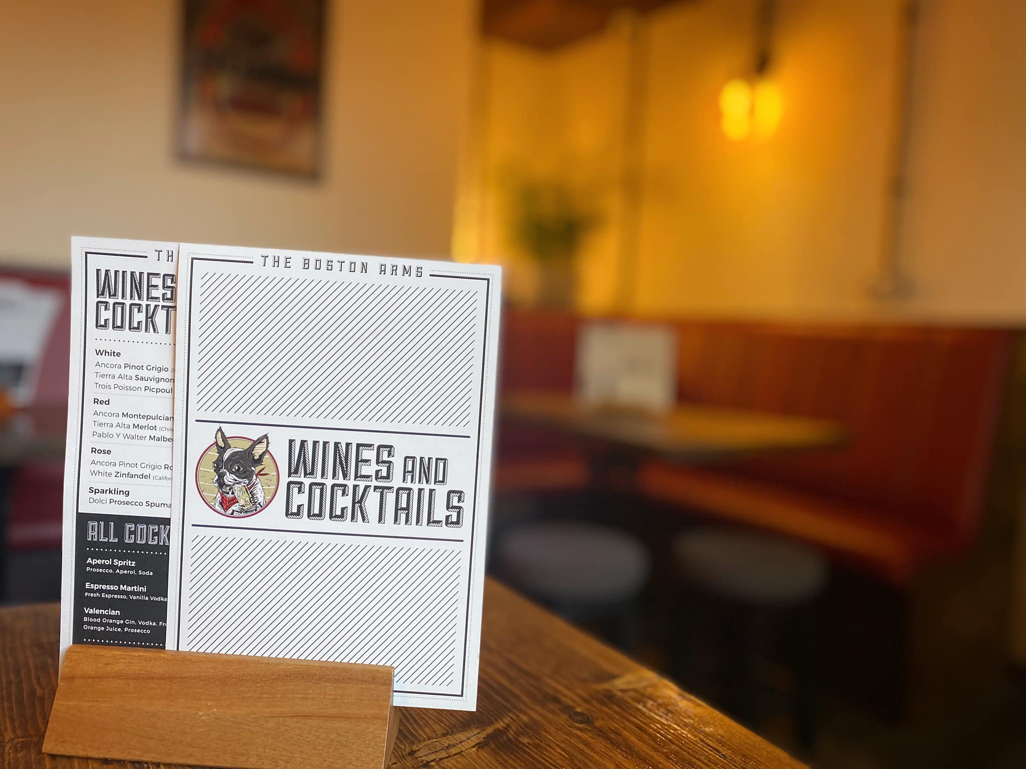 Menus on a table at The Boston Arms.