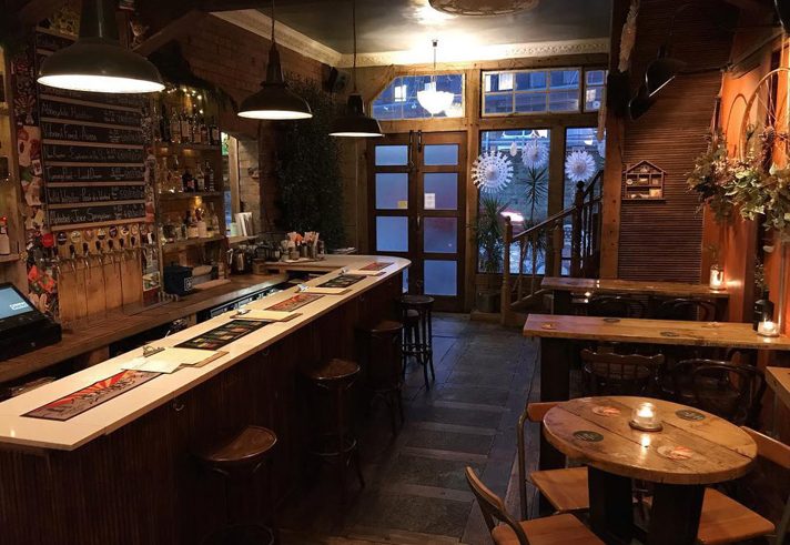 Interior of The Tramshed bar, the decor and fittings are mostly done out in reclaimed wood.