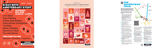 Three posters promoting Chapeltown events. Left: Red poster for D-Day 80th Anniversary Event on 8th June with activities like live music, face painting, and free shuttle bus. Center: Pink poster titled ‘Choose a Chapeltown Christmas’ with festive illustrations. Right: Blue and white poster for ‘The Chapeltown Trail’ showing a map, QR code, and details about local attractions.