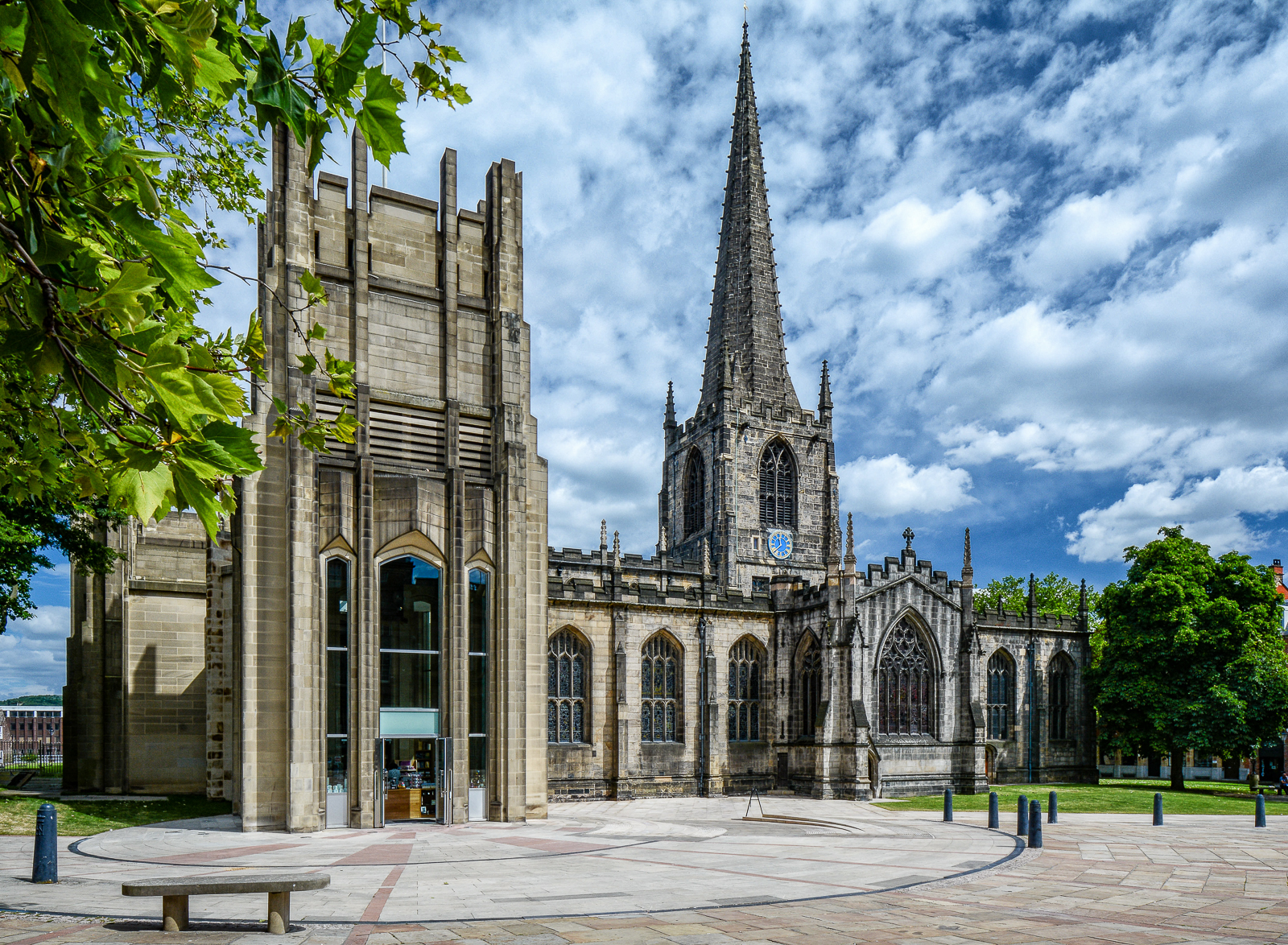The exterior of Sheffield Cathedral on a bright, sunny day.
