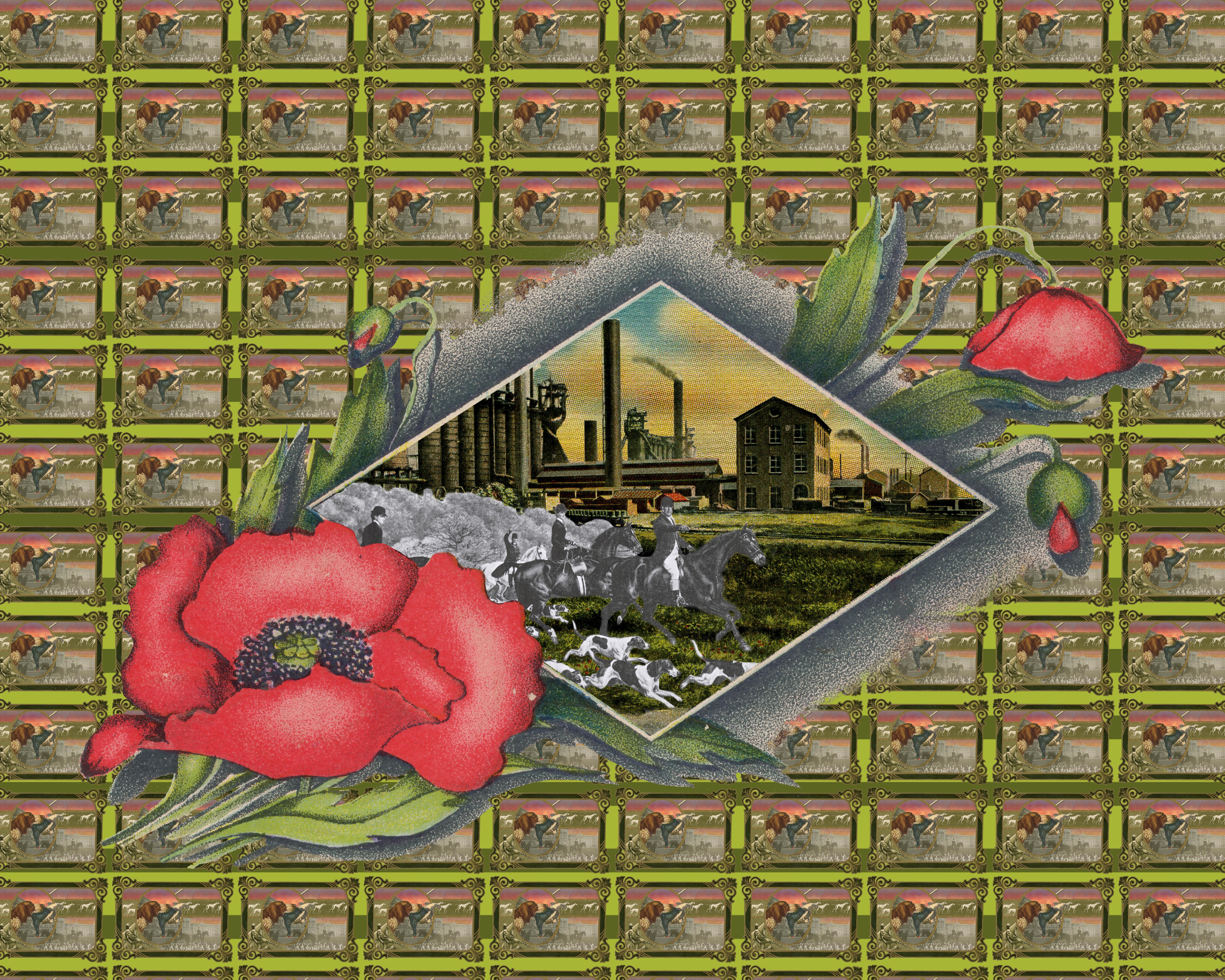 A collage-style artwork featuring a central diamond-shaped image of an industrial scene with factory buildings and chimneys, overlaid with running white horses. Surrounding the image are large illustrated red poppies and green leaves. The background is a repeated pattern of framed pictures showing horses in motion, creating a layered, textured effect. Image Credit: Jennifer Vanderpool.