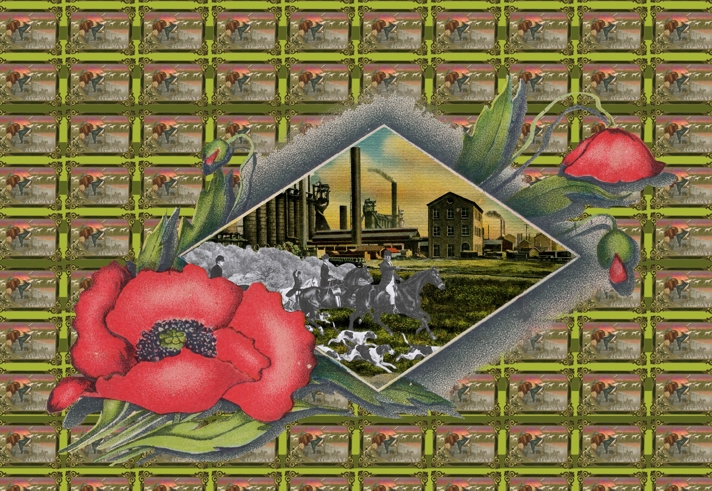 A collage-style artwork featuring a central diamond-shaped image of an industrial scene with factory buildings and chimneys, overlaid with running white horses. Surrounding the image are large illustrated red poppies and green leaves. The background is a repeated pattern of framed pictures showing horses in motion, creating a layered, textured effect. Image Credit: Jennifer Vanderpool.