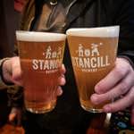 A close up of two pints of beer in Stancill Brewery glasses.