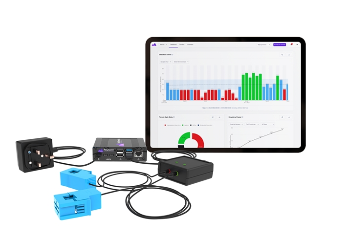 A tablet displaying a data dashboard with colorful bar charts and graphs is positioned behind several electronic components. The components include a black device with multiple ports, a black rectangular sensor with wires, a UK-style power plug, and two blue clamp-like sensors connected by cables. The setup appears to represent an energy monitoring or data collection system.