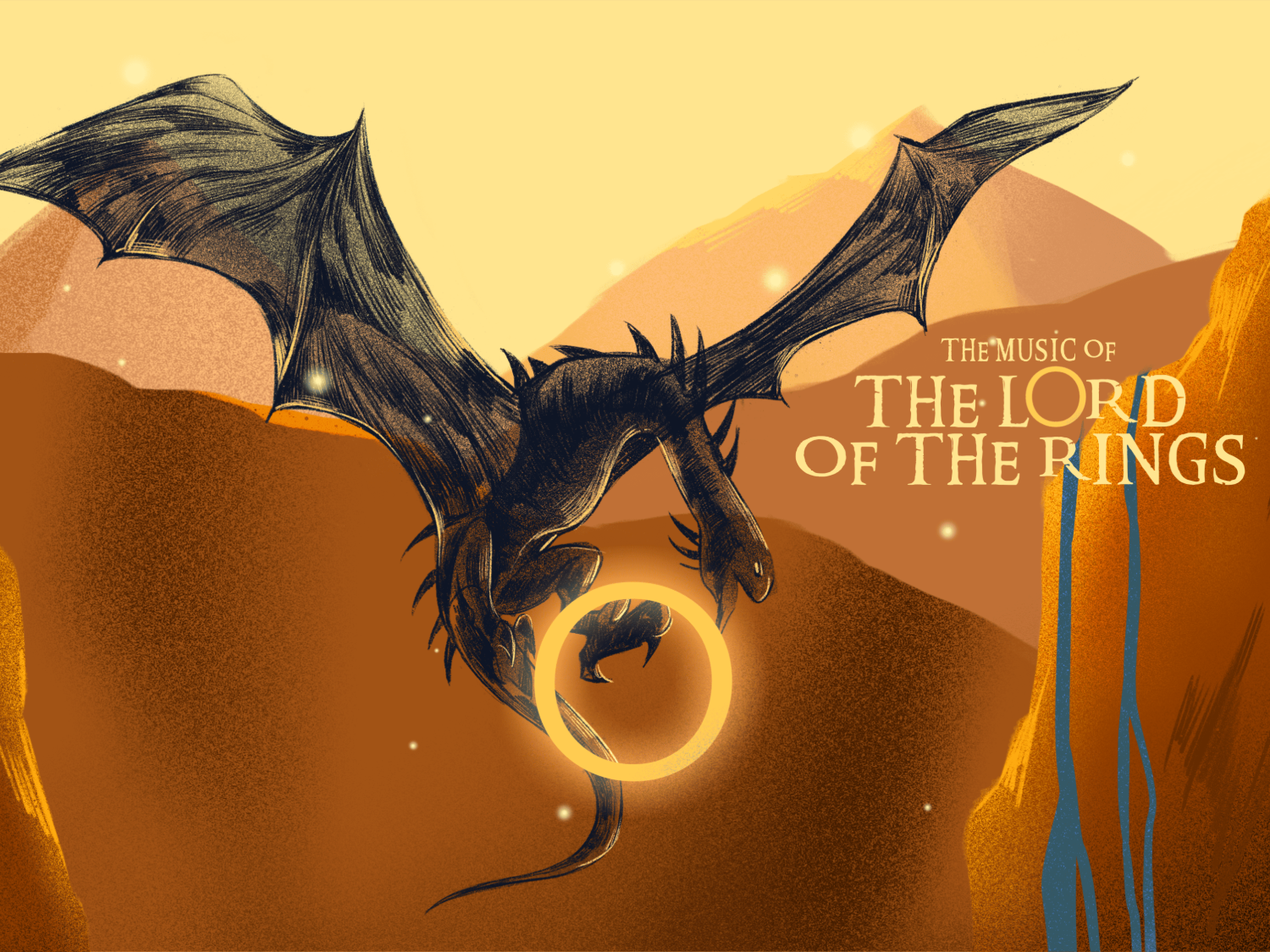 Illustrated scene of a black, winged dragon swooping between rocky orange cliffs at sunset. The dragon holds a glowing golden ring in its claws, with a small silhouetted figure inside the ring’s light. Blue streams run down the cliffs, and text on the right reads “The Music of The Lord of the Rings.”