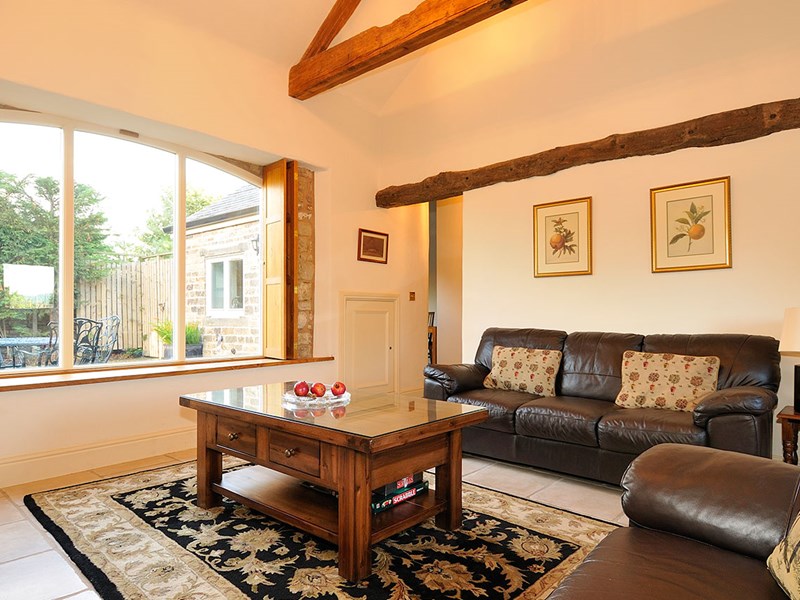 Bright living room featuring a large window with natural light, sofa, and coffee table.