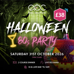 Promotional graphic for a Halloween 80s Party at QEC Sheffield. The design features a spooky green background with cobwebs, bats, and gothic-style windows, along with a large disco ball pumpkin wearing a witch hat. Text includes: “£38,” “Halloween 80s Party,” “Saturday 31st October 2026, 7 PM start,” and details of a two-course dinner, live 80s band, and DJ with late bar until 1 AM.