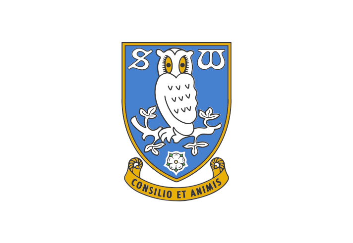 Sheffield Wednesday Football Club crest featuring a white owl with yellow eyes perched on a branch, set against a blue shield. Above the owl are stylised letters “S” and “W”. Below the branch is a white rose, and at the bottom a gold scroll with the Latin motto “Consilio et Animis”, meaning “By Wisdom and Courage”.