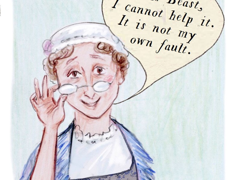Illustration of a person in Regency-style clothing wearing a white cap and blue shawl, holding up one hand in a gesture. A large speech bubble reads: “If I am a wild Beast, I cannot help it. It is not my own fault.” The background is pale with soft shading, and the figure holds a piece of paper in the other hand.