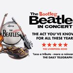 Promo poster for The Bootleg Beatles concert. There is a picture of their instruments arranged on a white background, including a bass drum with The Bootleg Beatles logo on the drum head.