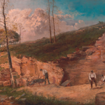 A 19th-century painting of a rural quarry scene with four workers breaking and stacking stone slabs. One man uses a wheelbarrow, while others handle tools and rocks. The quarry is cut into a grassy hillside with scattered trees and a stream running along the left. The sky above is bright blue with large, billowing clouds, creating a contrast with the earthy tones of the exposed rock.
