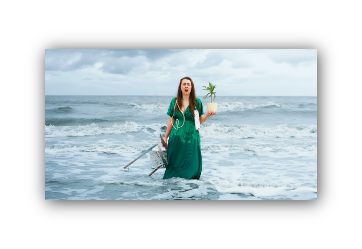 A woman, in a long green dress, is standing in the sea with waves rolling in towards her. In one hand she has a small stepladder, in the other a pot plant. Draped  around her shoulders is a power lead extension. She looks confused.