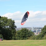  A kite flying against a backdrop of the Sheffield skyline at the Sheffield Fayre.
